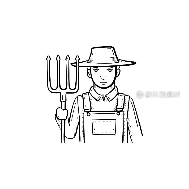 Farmer with pitchfork hand drawn sketch icon